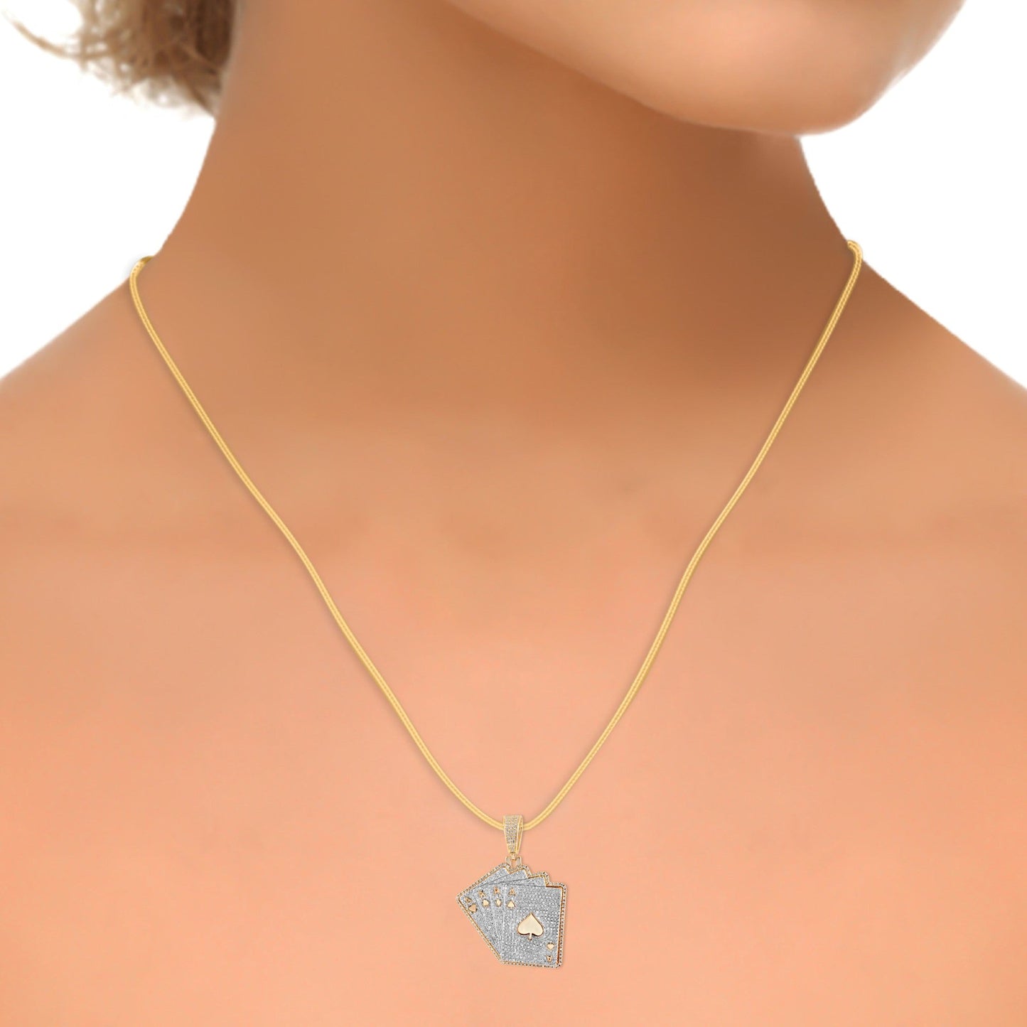10K Yellow Gold Round Diamond Flush Cards Pendant 1-5/8 Cttw