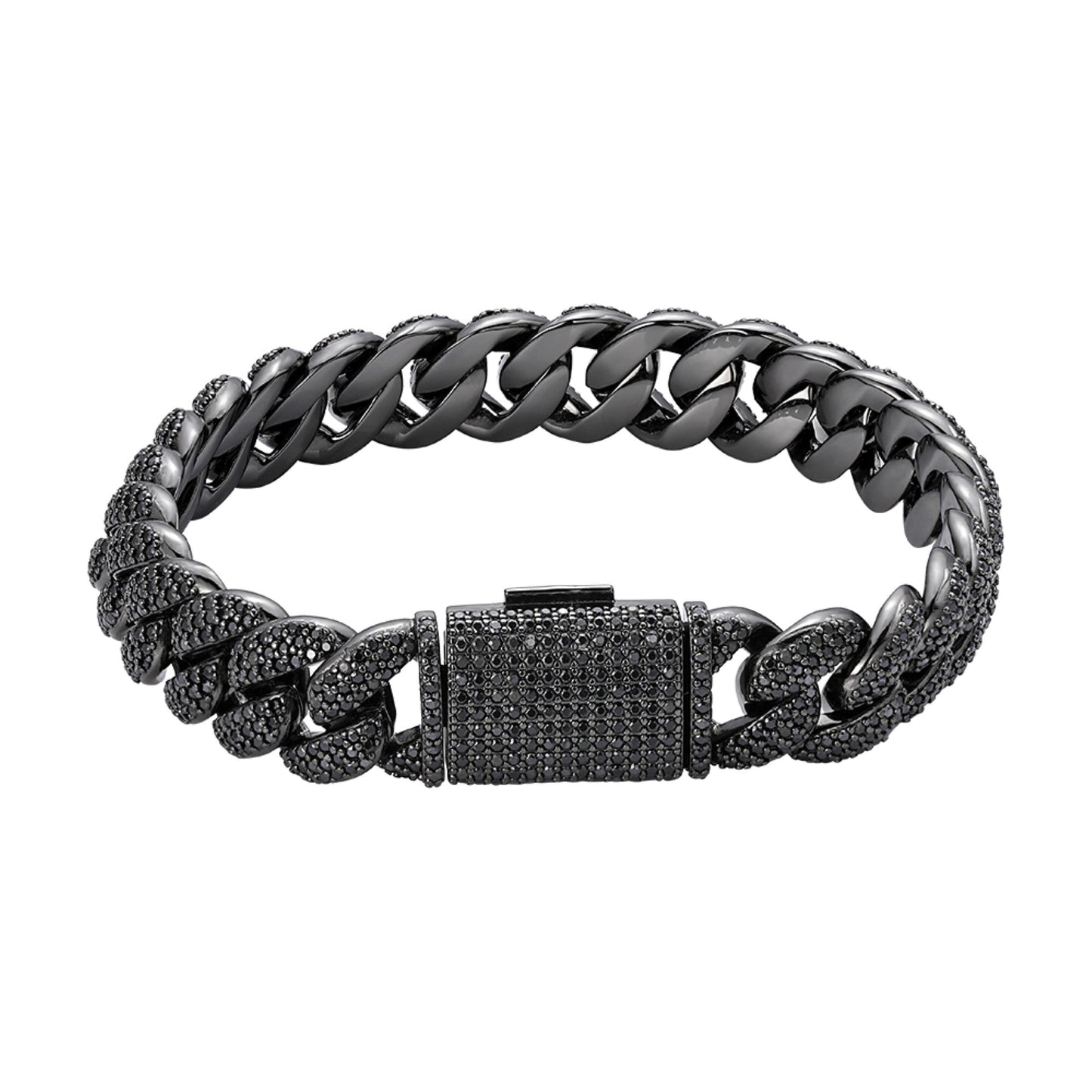 Sterling Silver 12mm Round Black Moissanite Miami Cuban 8 Inch Mens Bracelet BP+BP 7-3/4 Cttw