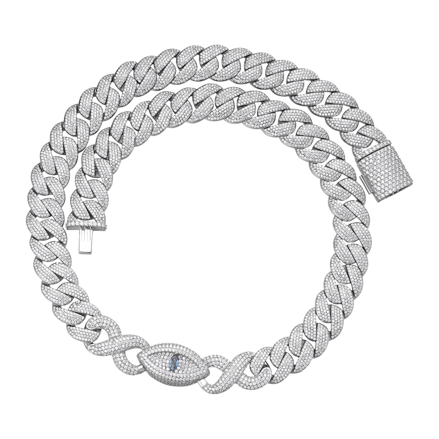 Sterling Silver Round Moissanite 15mm Inifinity Cuban With Evil Eye Designer 22 Inch Mens Necklace RP 27-1/8 Cttw