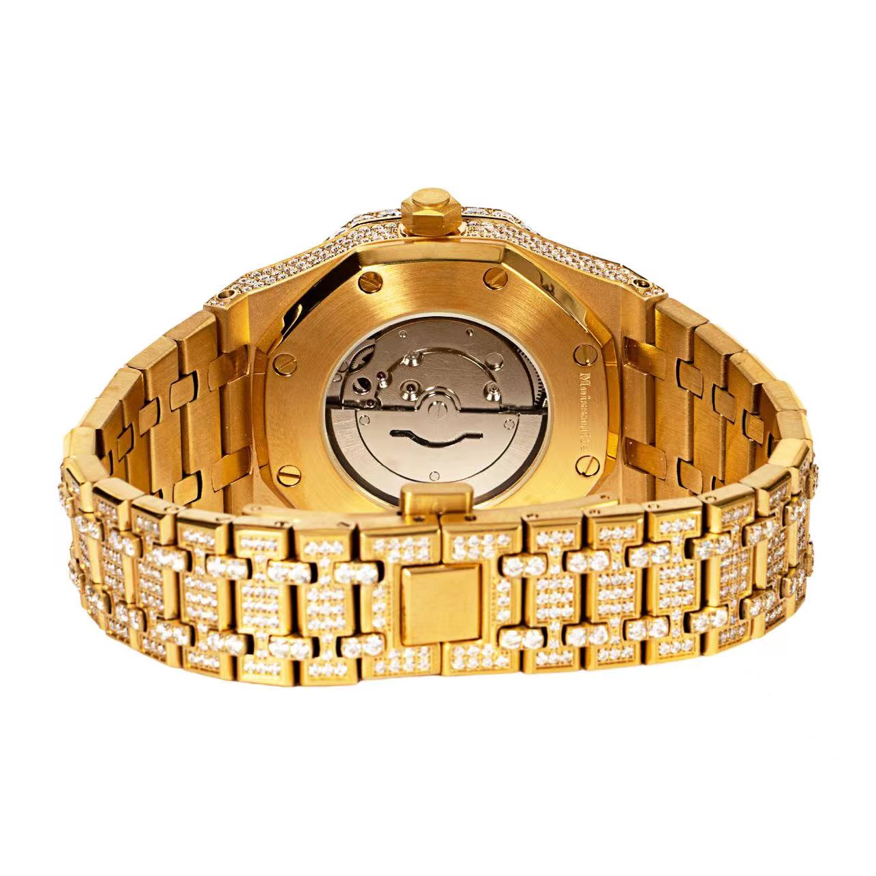 Moissanite Stainless Steel Skeleton Dial Yellow Band Mens Watch