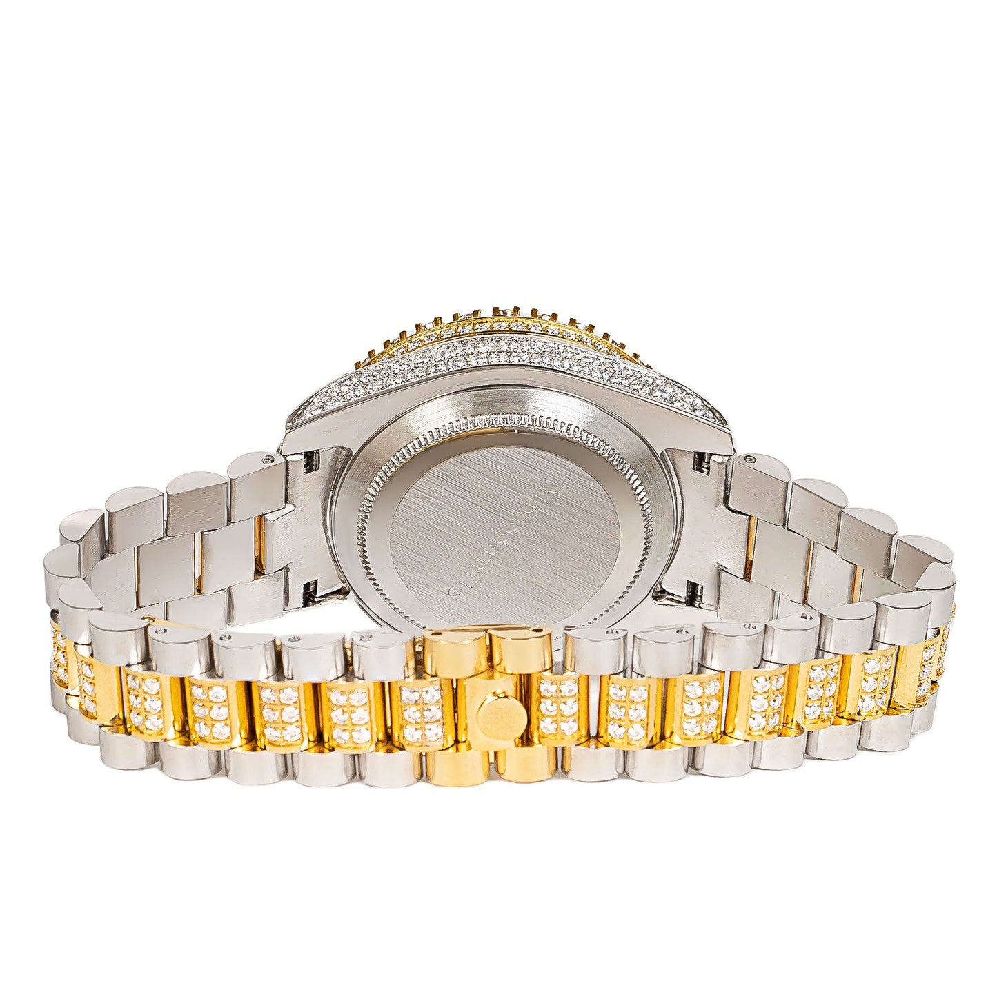 Moissanite Stainless Steel Mens Yellow White Two Tone Steel Band Watch