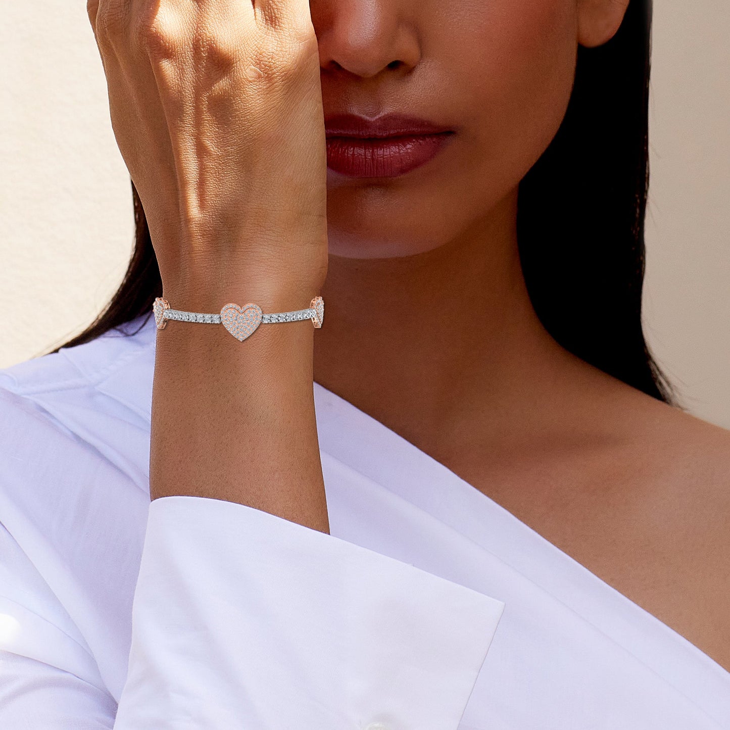 10K Rose White Two Tone Round Diamond Heart Designer 7 Inch Bracelet 1-7/8 Cttw