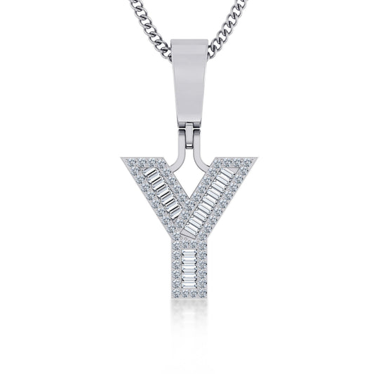 10K White Gold Baguette Initial Y Pendant 1/4  Cttw