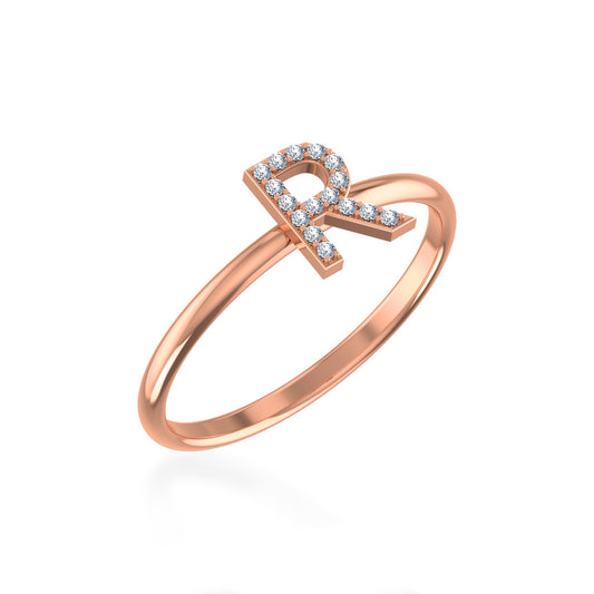 10K Rose Gold Womens Round Diamond R Initial Letter Ring 1/25 Cttw