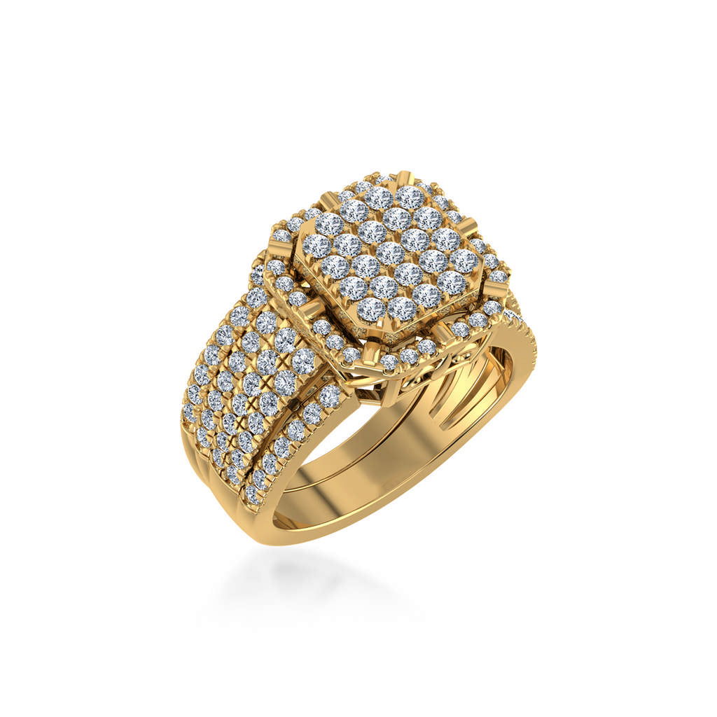 10K Yellow Gold Round Diamond Halo Big Bridal Cluster Ring 1-1/2 Cttw