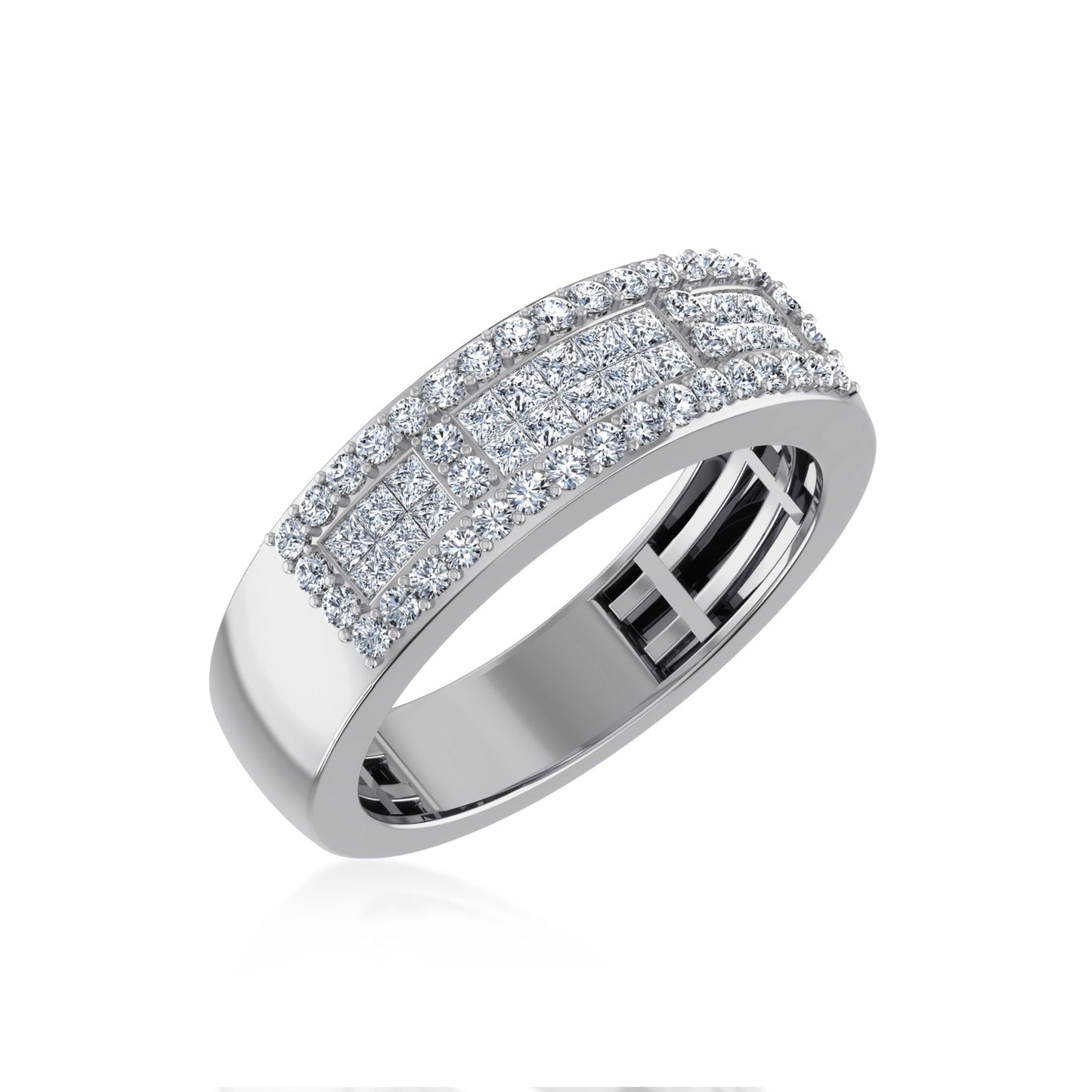 10K White Gold Princess Diamond Mens Invisible Band 1-1/8 Cttw