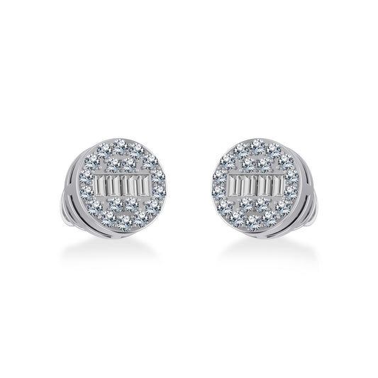 10K White Gold Round Baguette Diamond Cluster Stud Earrings 1/5 Cttw
