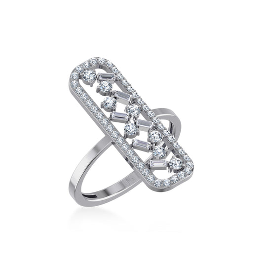 14K White Gold Round Baguette Diamond Womens Sz 7 Designer Ring 5/8 Cttw