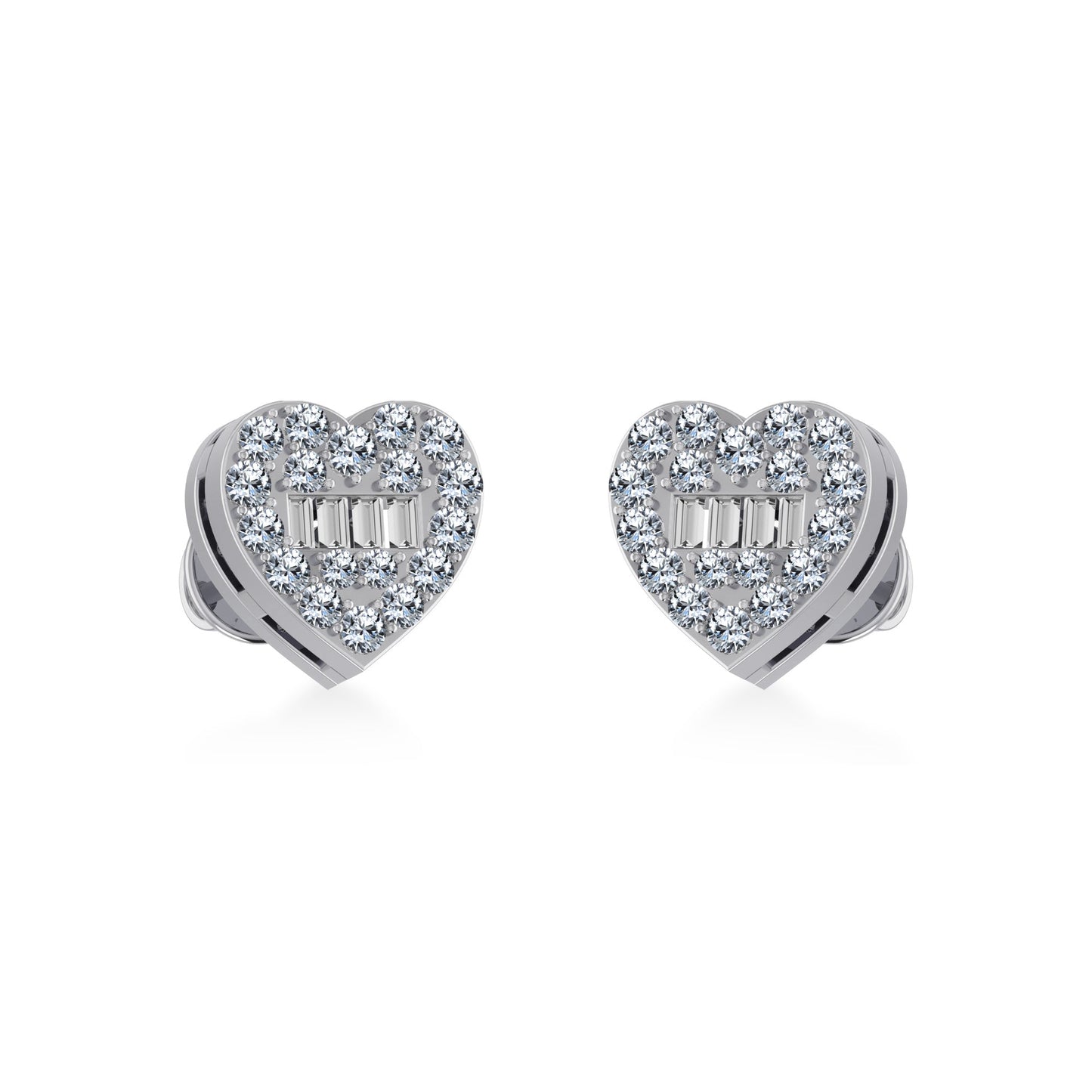 14K White Gold Round Baguette Diamond Heart Shape Cluster Stud Earring 1/5 Cttw