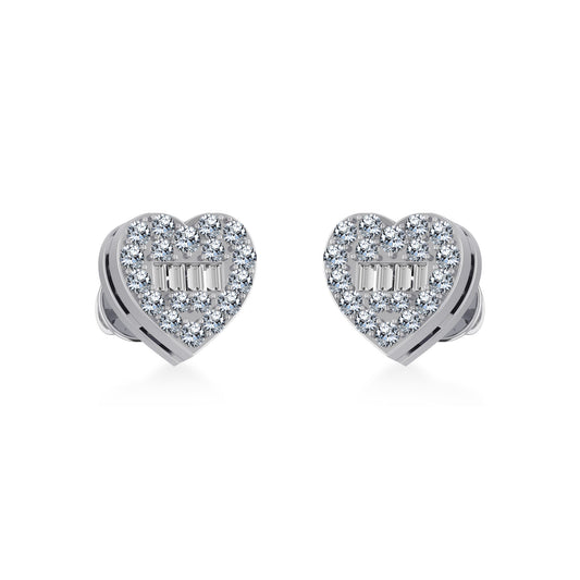 14K White Gold Round Baguette Diamond Heart Shape Cluster Stud Earring 1/5 Cttw