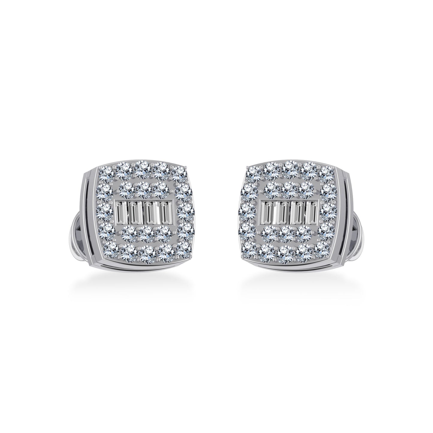 14K White Gold Round Baguette Diamond Square Shape Cluster Stud Earring 1/4 Cttw