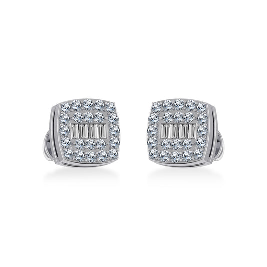 14K White Gold Round Baguette Diamond Square Shape Cluster Stud Earring 1/4 Cttw