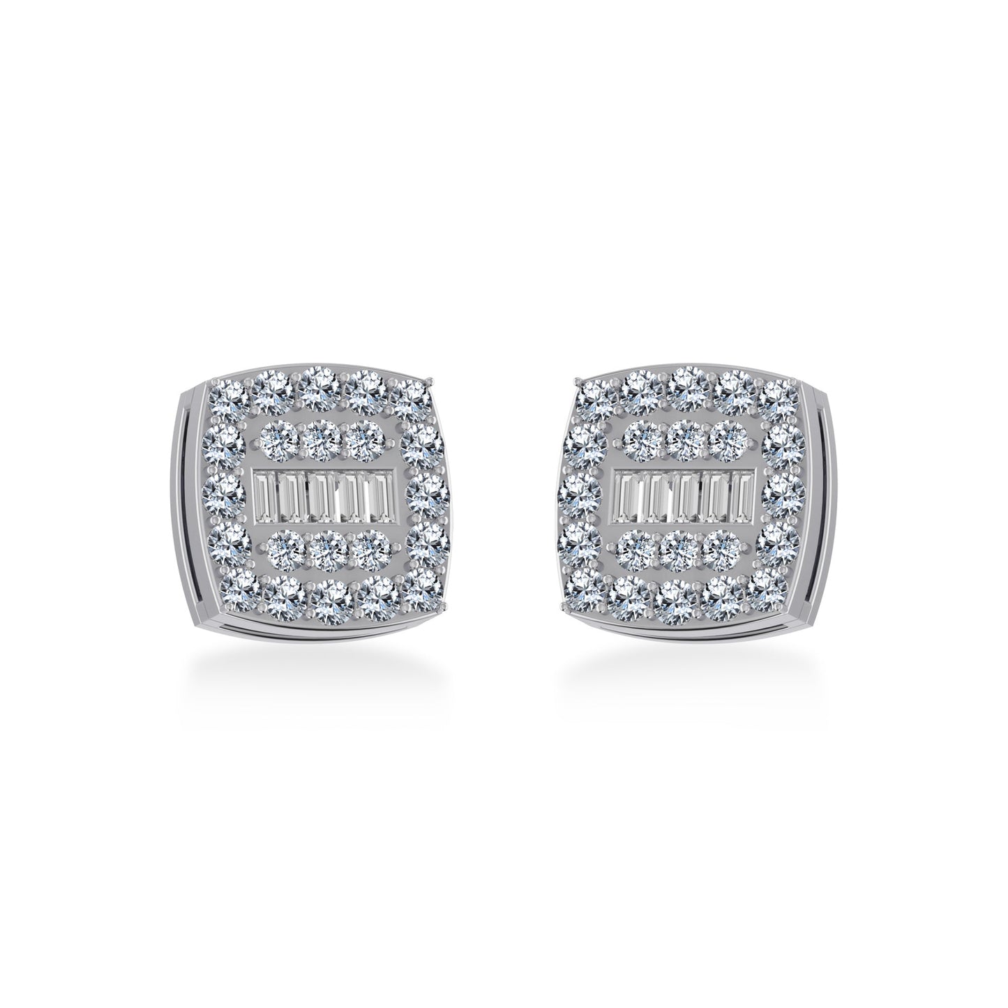 14K White Gold Round Baguette Diamond Square Shape Cluster Stud EarRing 1/2 Cttw