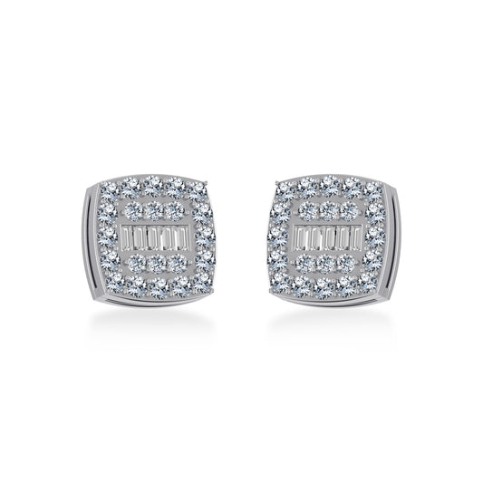 14K White Gold Round Baguette Diamond Square Shape Cluster Stud EarRing 1/2 Cttw