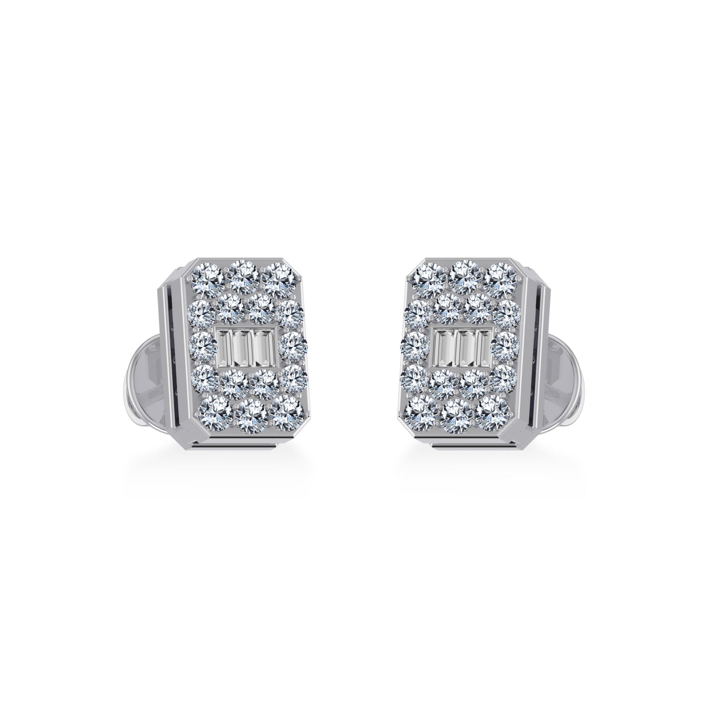 14K White Gold Baguette Diamond Emerald Shape Cluster Stud EarRing 1/5 Cttw