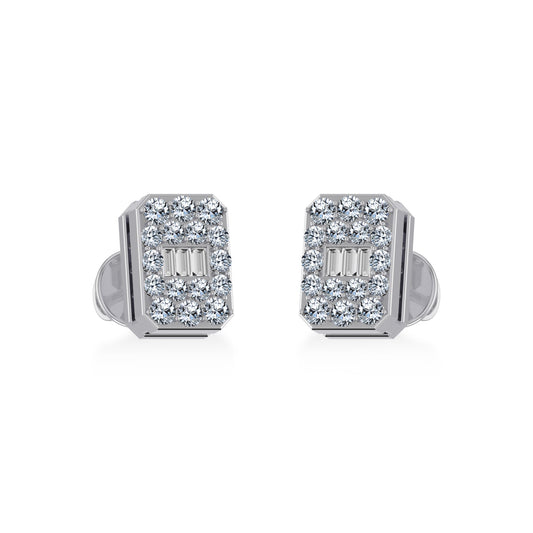 14K White Gold Baguette Diamond Emerald Shape Cluster Stud EarRing 1/5 Cttw
