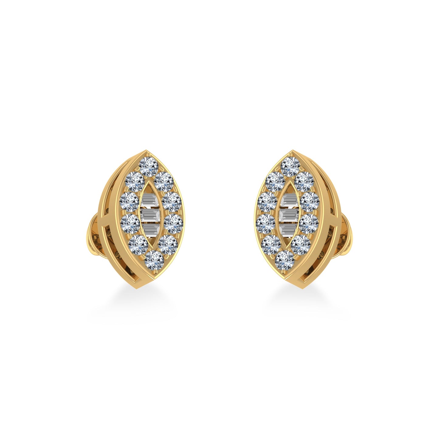 14K Yellow Gold Baguette Diamond Marquise Shape Cluster Stud EarRing 1/8 Cttw