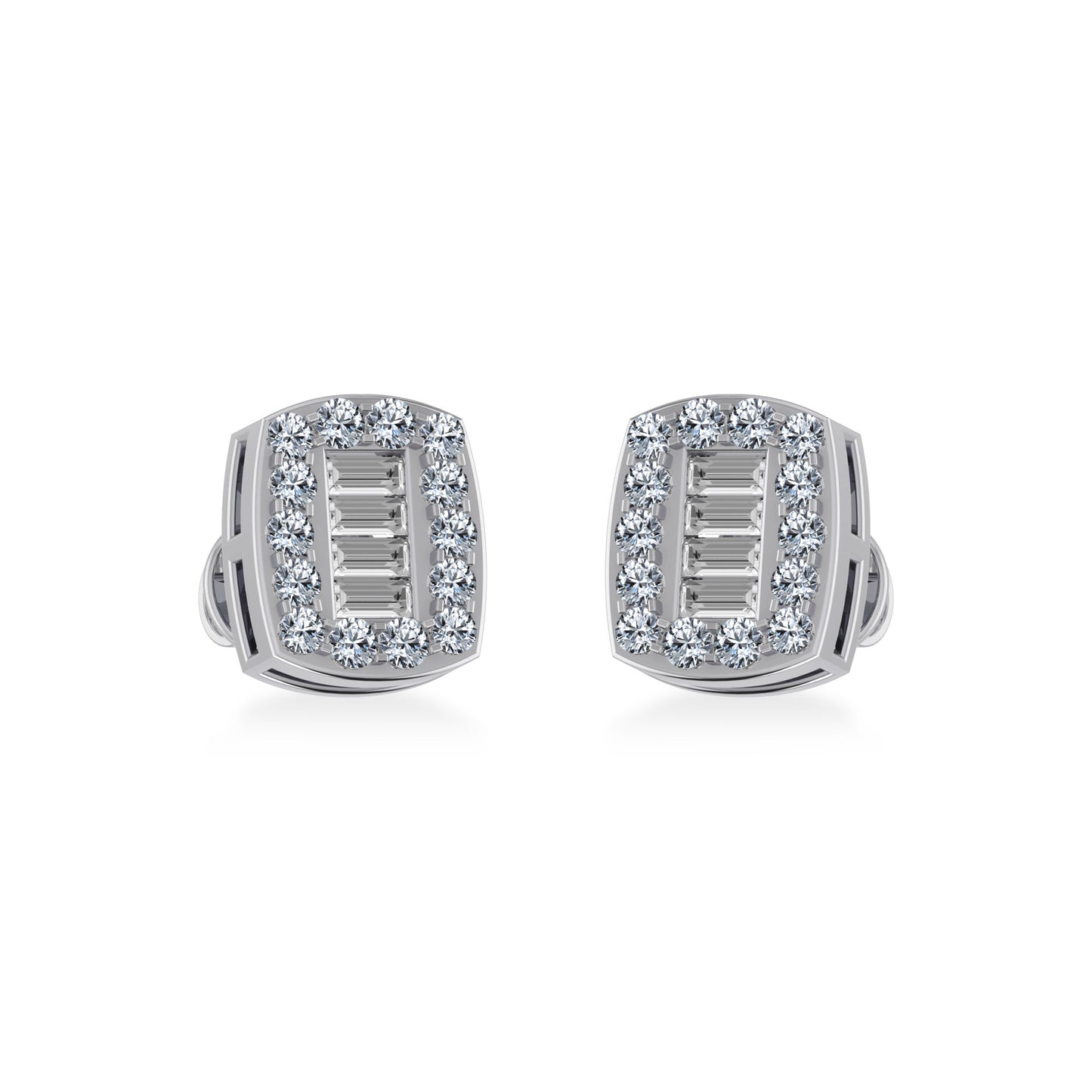 14K White Gold Round Baguette Diamond Stud Earring 3/8 Cttw