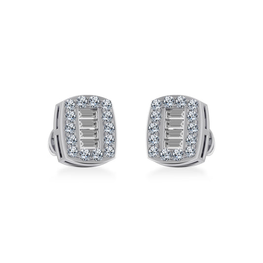 14K White Gold Round Baguette Diamond Stud Earring 3/8 Cttw
