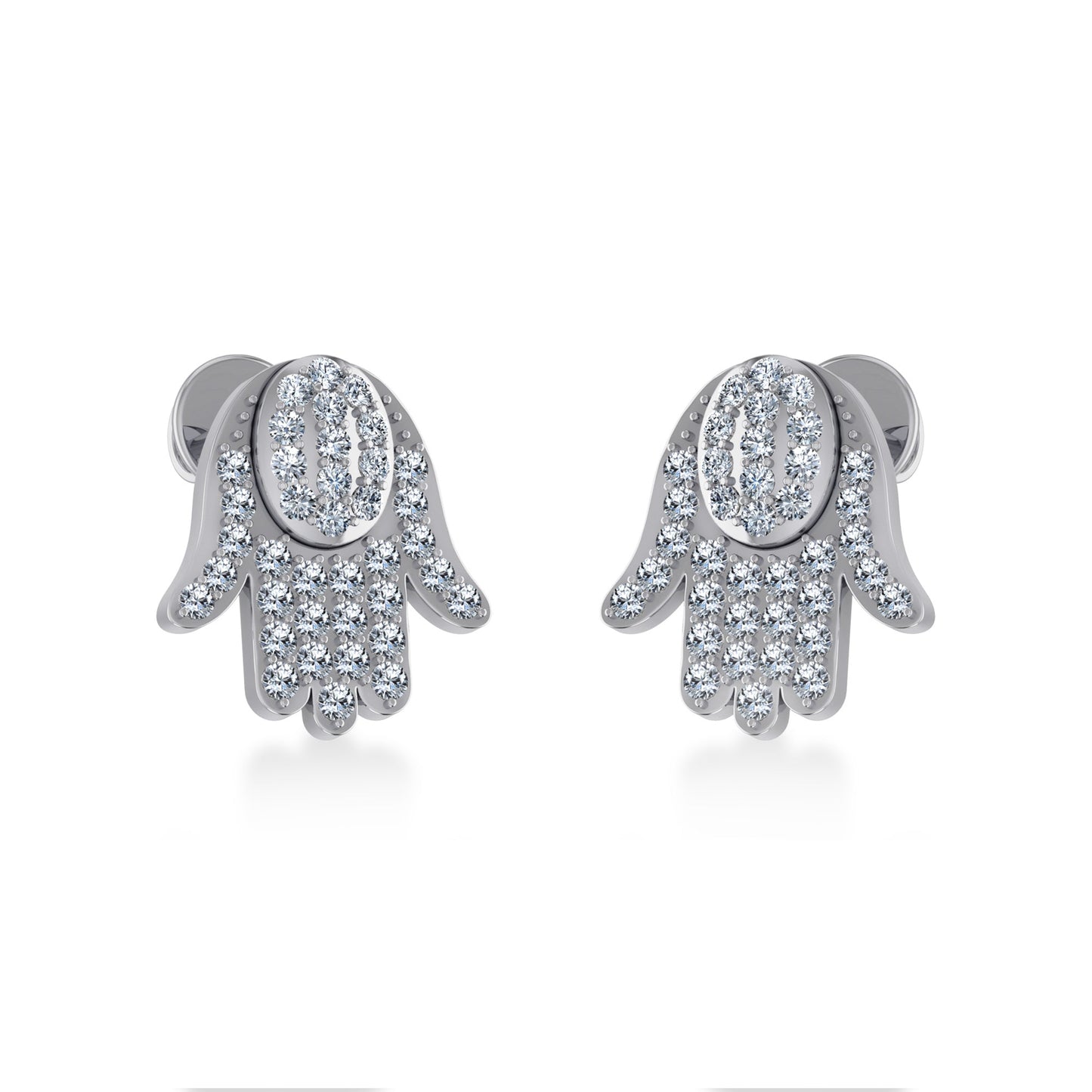 14K White Gold Round Baguette Diamond Hamza Hand Religious Stud Earrings 1/5 Cttw