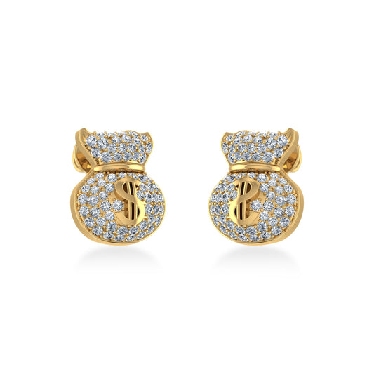 14K Yellow Gold Round Diamond Money Dollar Bag Designer Stud Earrings 1/6 Cttw
