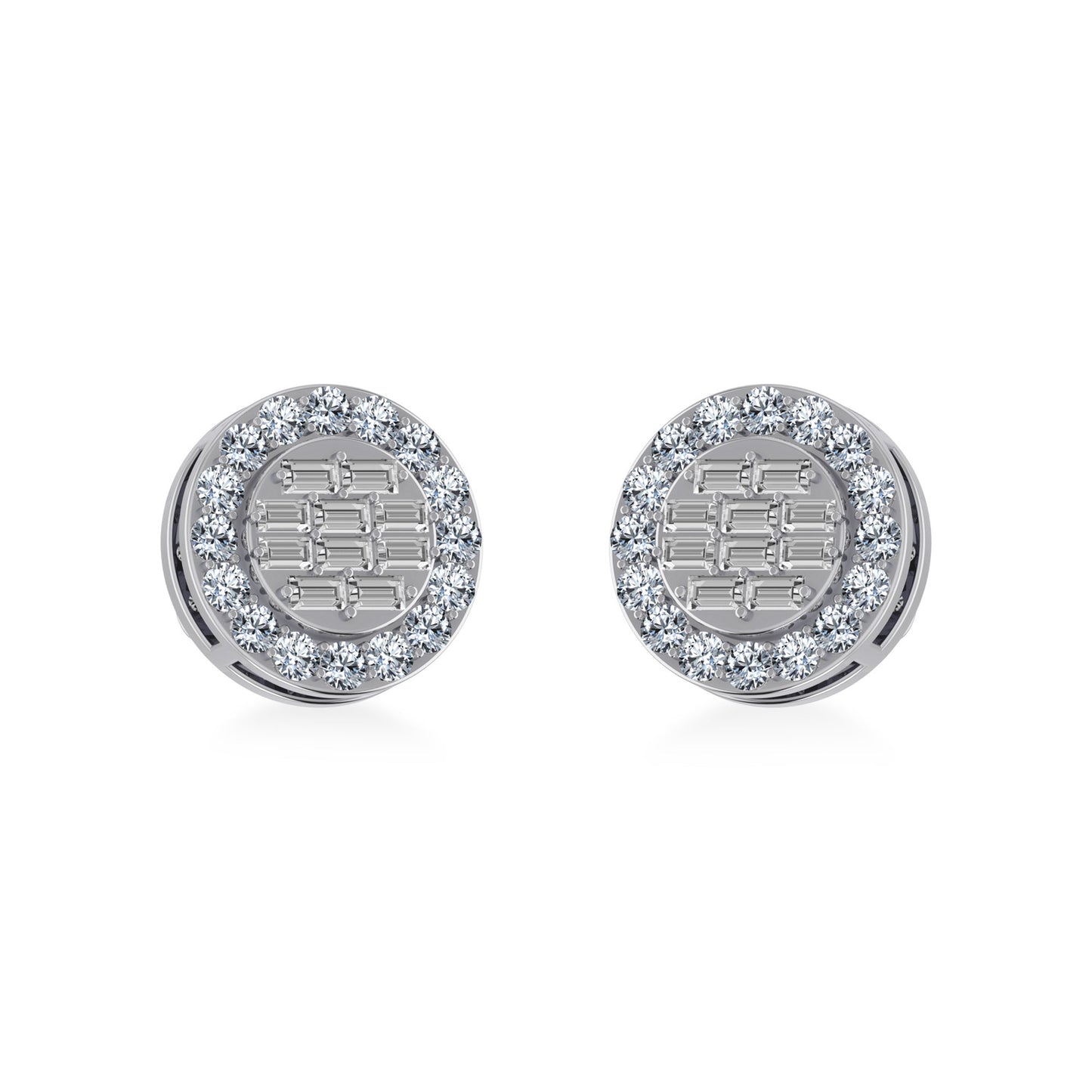 14K White Gold Round Baguette Diamond Halo Stud Earrings 1/2 Cttw