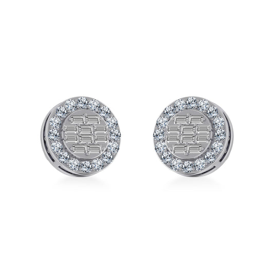 14K White Gold Round Baguette Diamond Halo Stud Earrings 1/2 Cttw