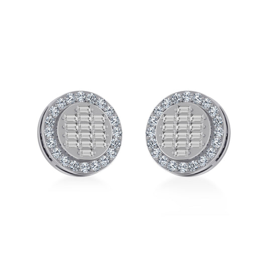 14K White Gold Round Baguette Diamond Halo Stud Earrings 5/8 Cttw