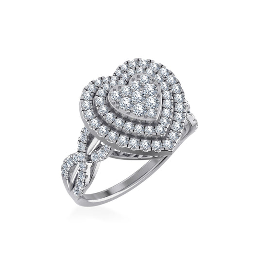 10K White Gold Round Diamond Two Row Heart Shape Womens Ring SZ 7 1 Cttw