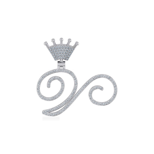10K White Gold Round Diamond Crown V Letter Initial Pendant 1/4 Cttw