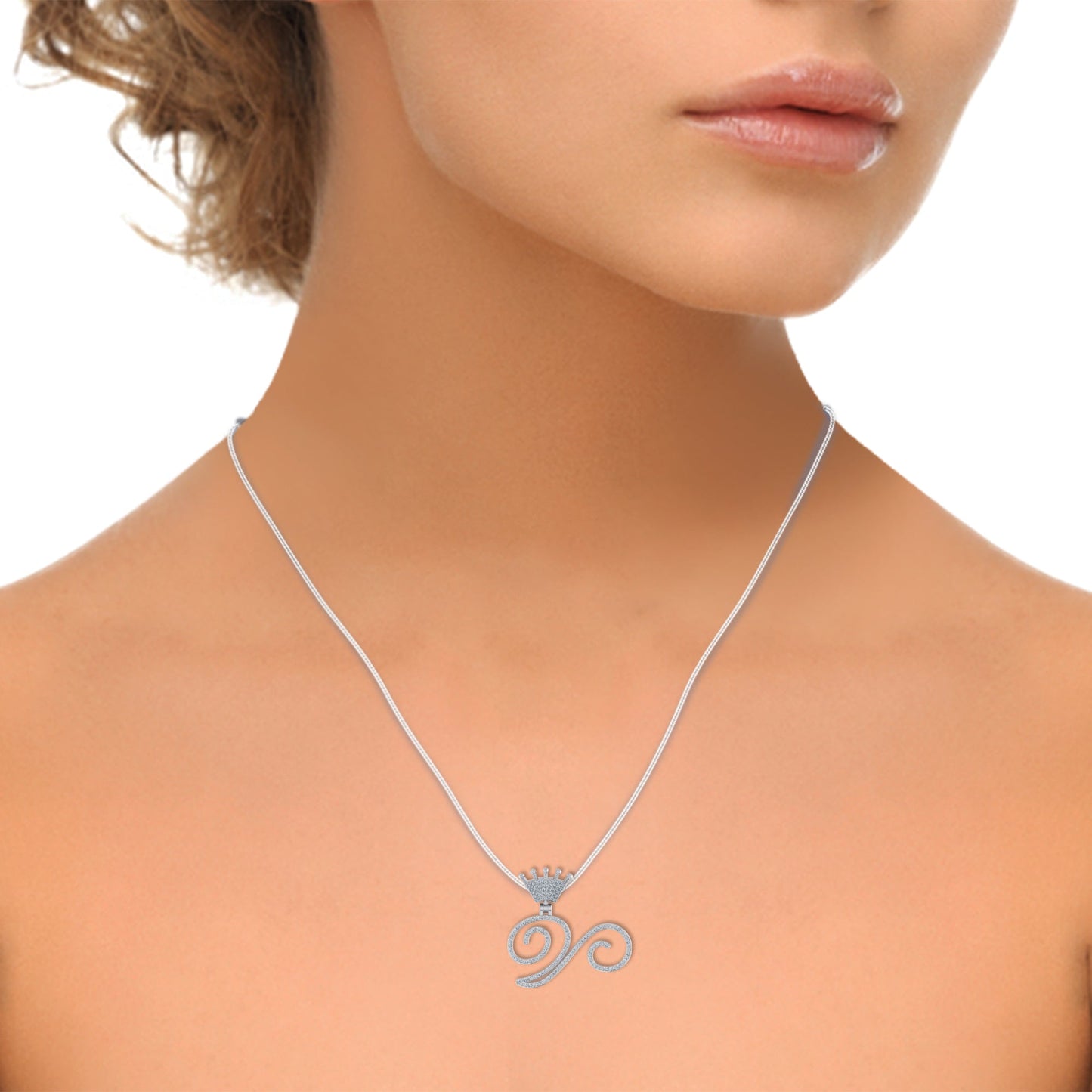 10K White Gold Round Diamond Crown V Letter Initial Pendant 1/4 Cttw