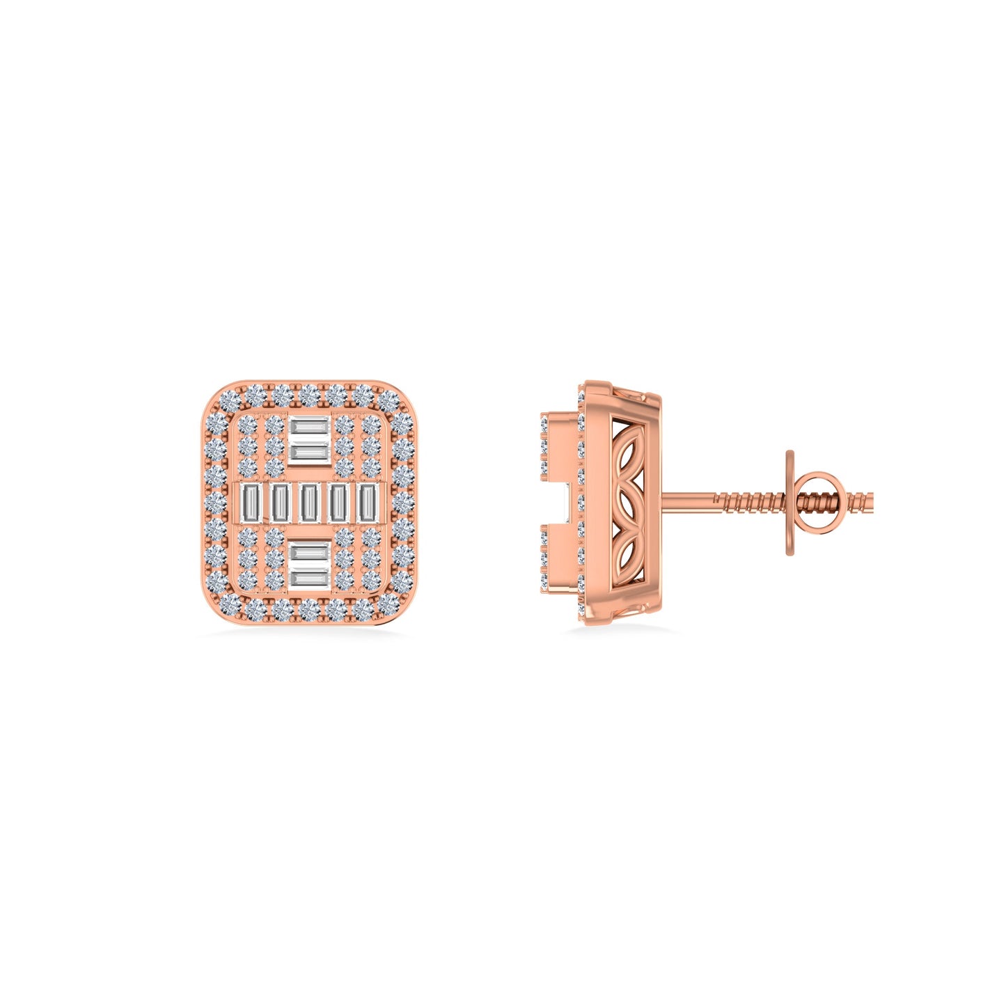 10K Rose Gold Round Baguette Diamond Square Shape Designer Mens Stud Earring 3/8 Cttw