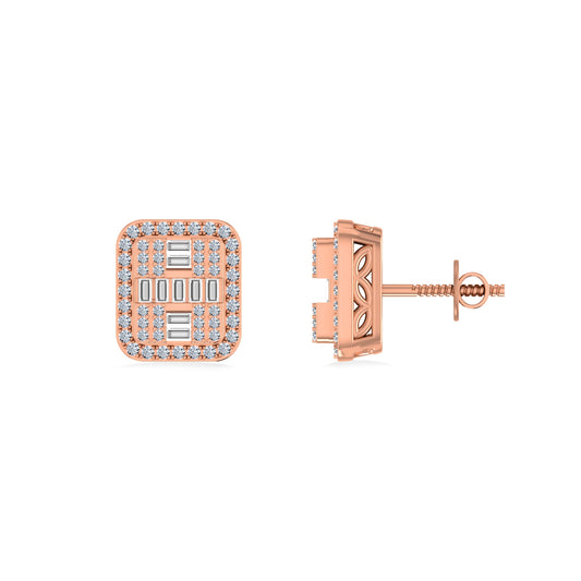 10K Rose Gold Round Baguette Diamond Square Shape Designer Mens Stud Earring 3/8 Cttw