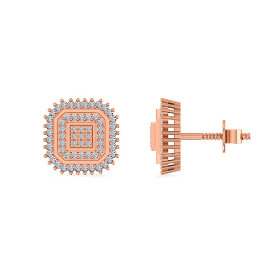 10K Rose Gold Round Diamond Square Shape Designer Mens Stud Earring 1/5 Cttw