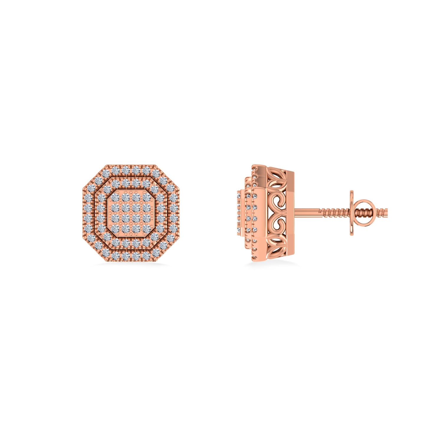 10K Rose Gold Round Diamond Designer Halo Mens Stud Earring 1/5 Cttw