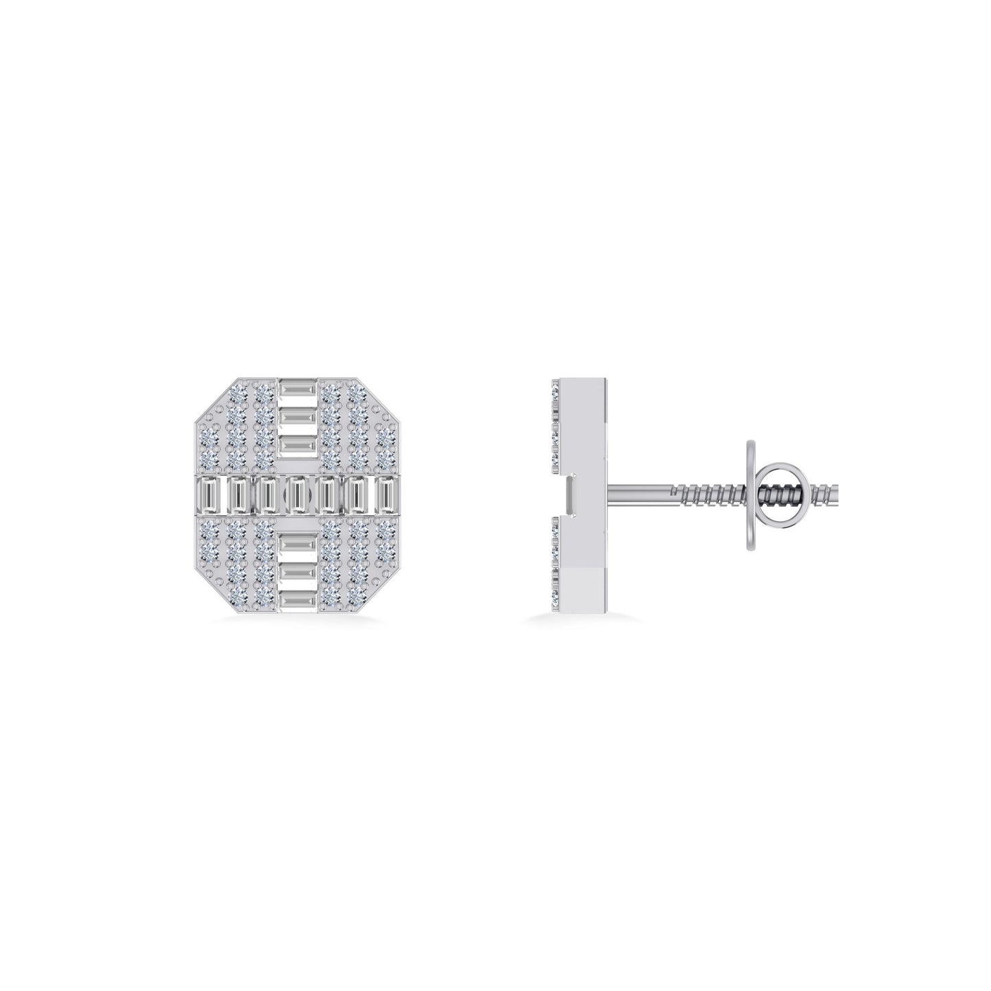 10K White Gold Round Baguette Diamond Designer Mens Stud Earring 1/3 Cttw
