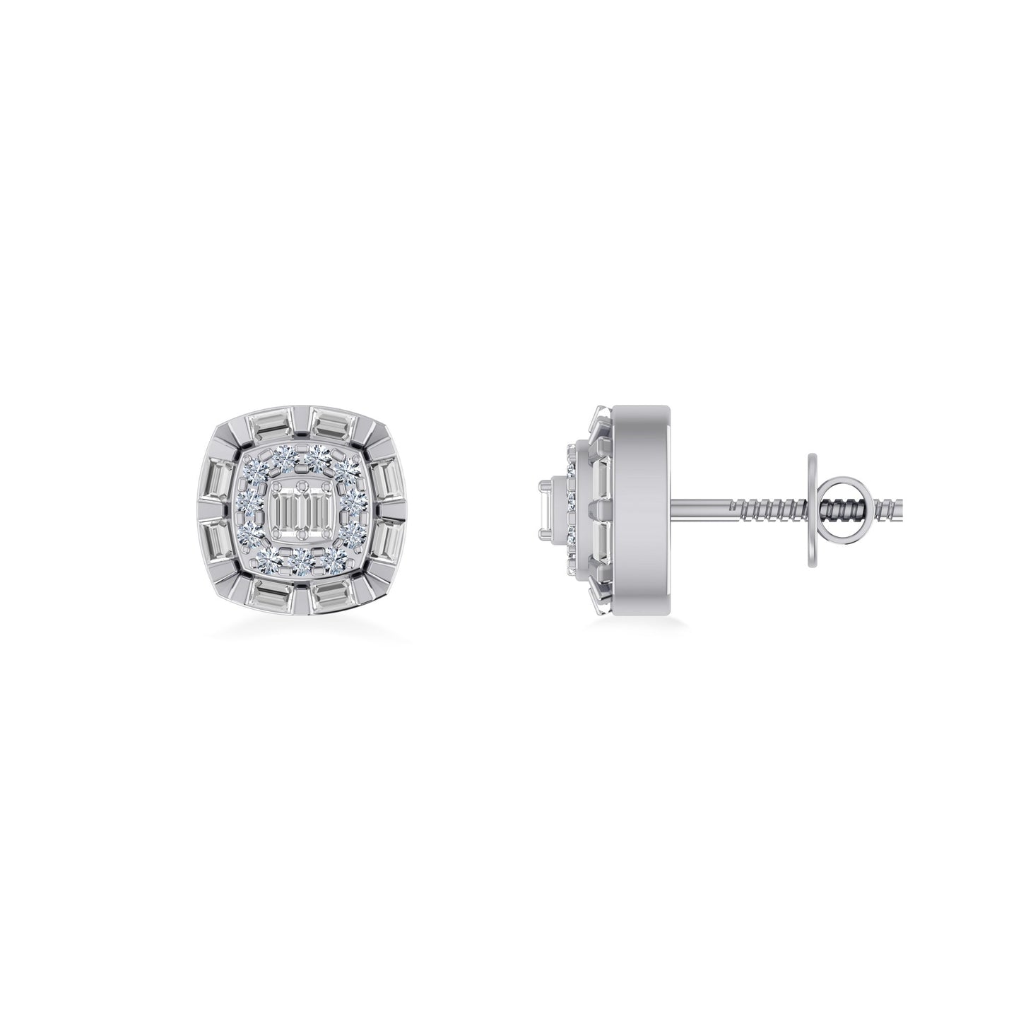 10K White Gold Round Baguette Diamond Square Designer Earring 1/4 Cttw