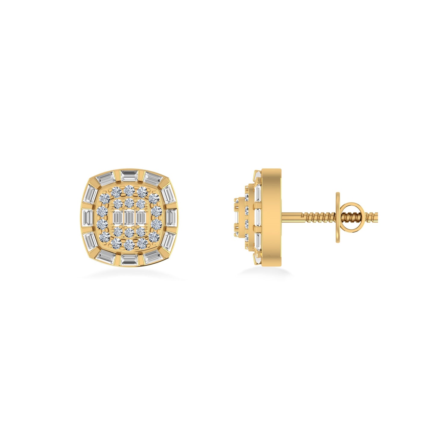 10K Yellow Gold Round Baguette Diamond Square Designer Earring 1/2 Cttw