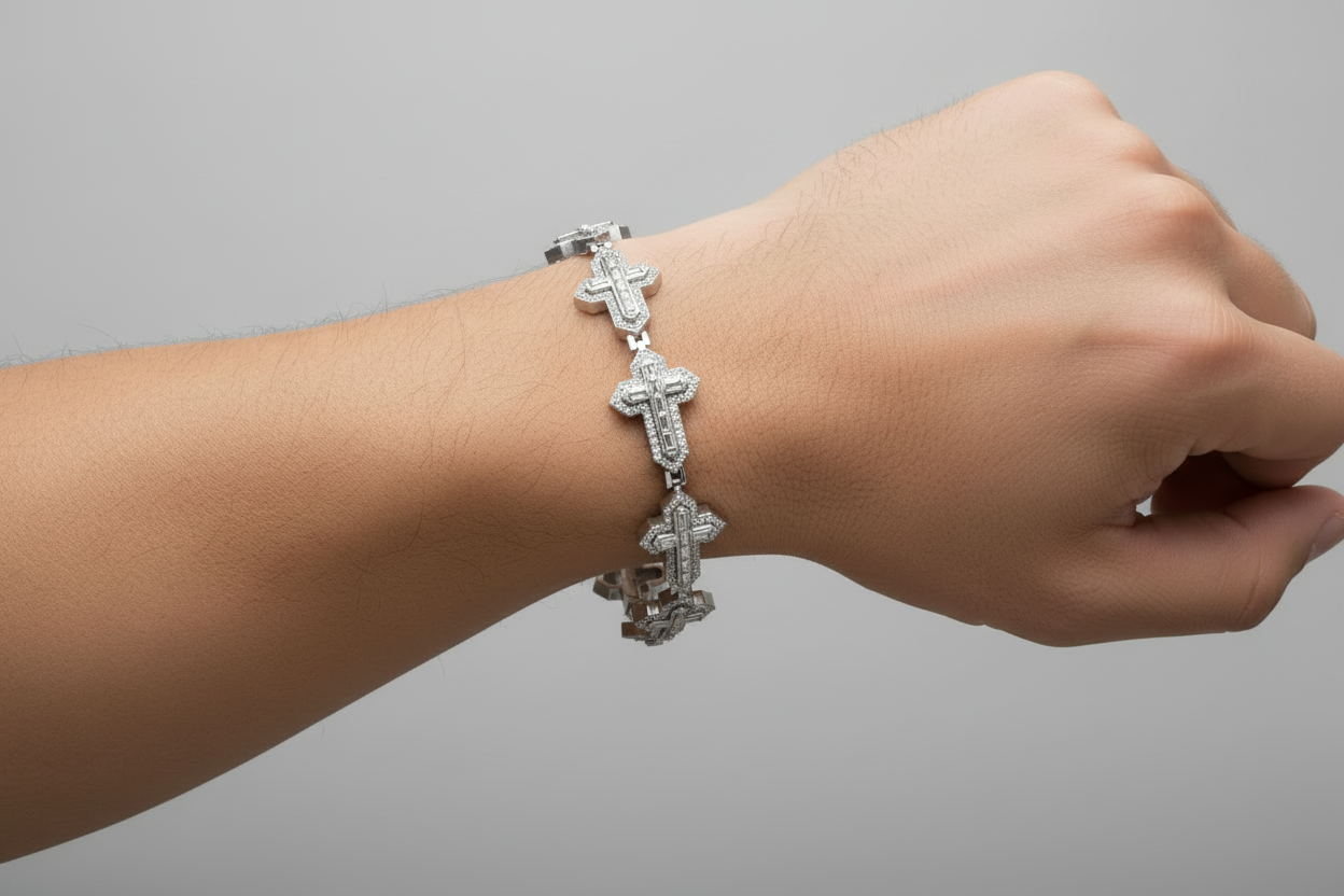10K White Gold Round Baguette Diamond Cross Religious 8 Inch Bracelet 2 Cttw