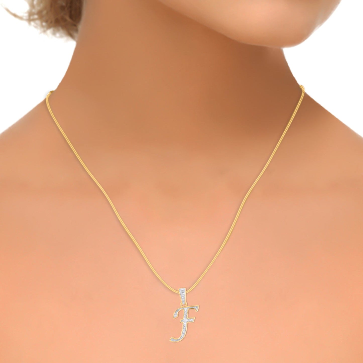 10K Yellow Gold Round Diamond F Letter Initial Pendant 1/10 Cttw