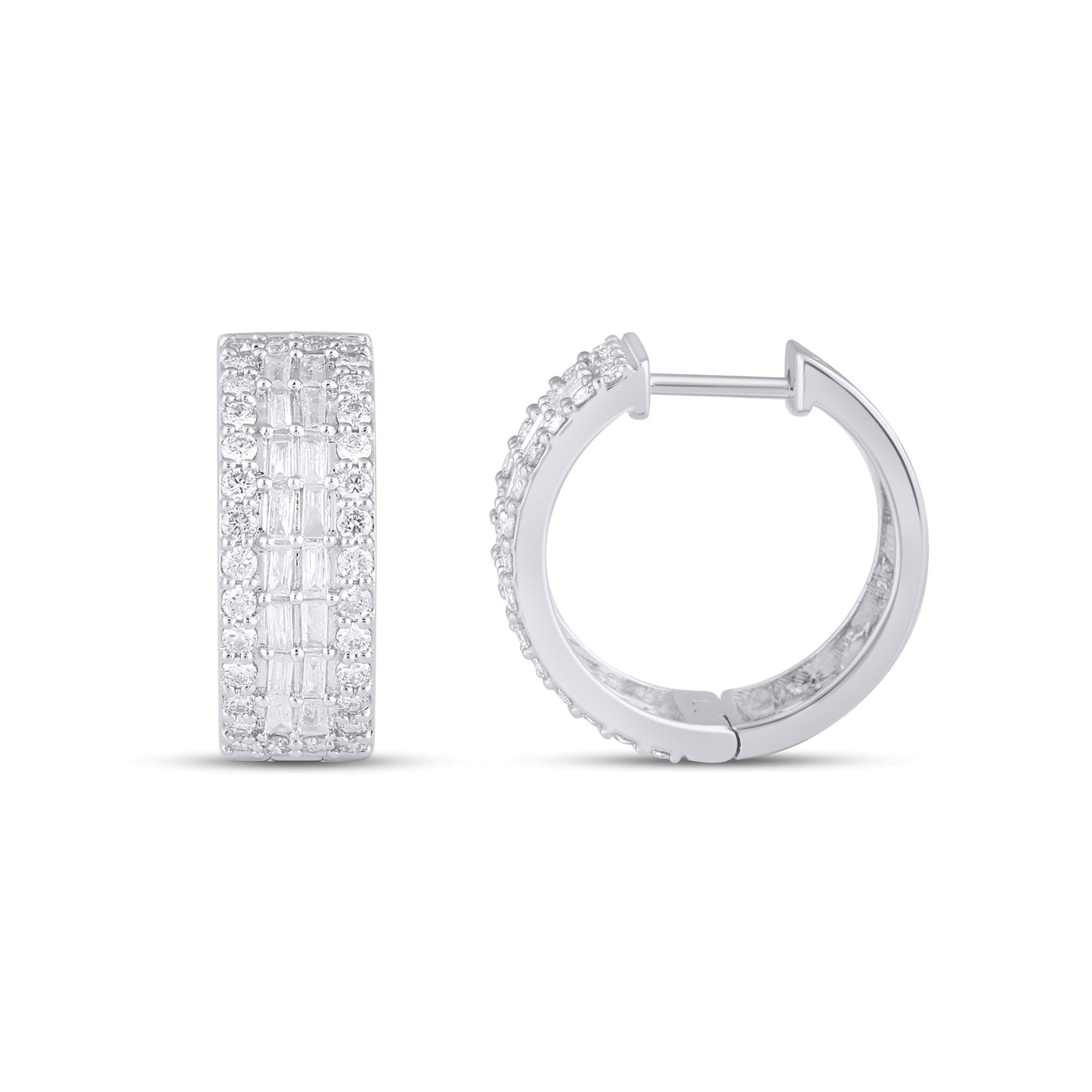 10K White Gold Round Baguette Diamond 3 Row Designer Hoop Earring 1 Cttw