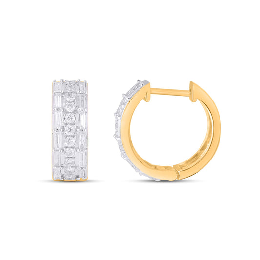 10K Yellow Gold Round Baguette Diamond Designer Hoop Earring 5/8 Cttw