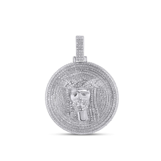 10K White Gold Round Baguette Diamond Jesus Face Religious Pendant 2 Cttw