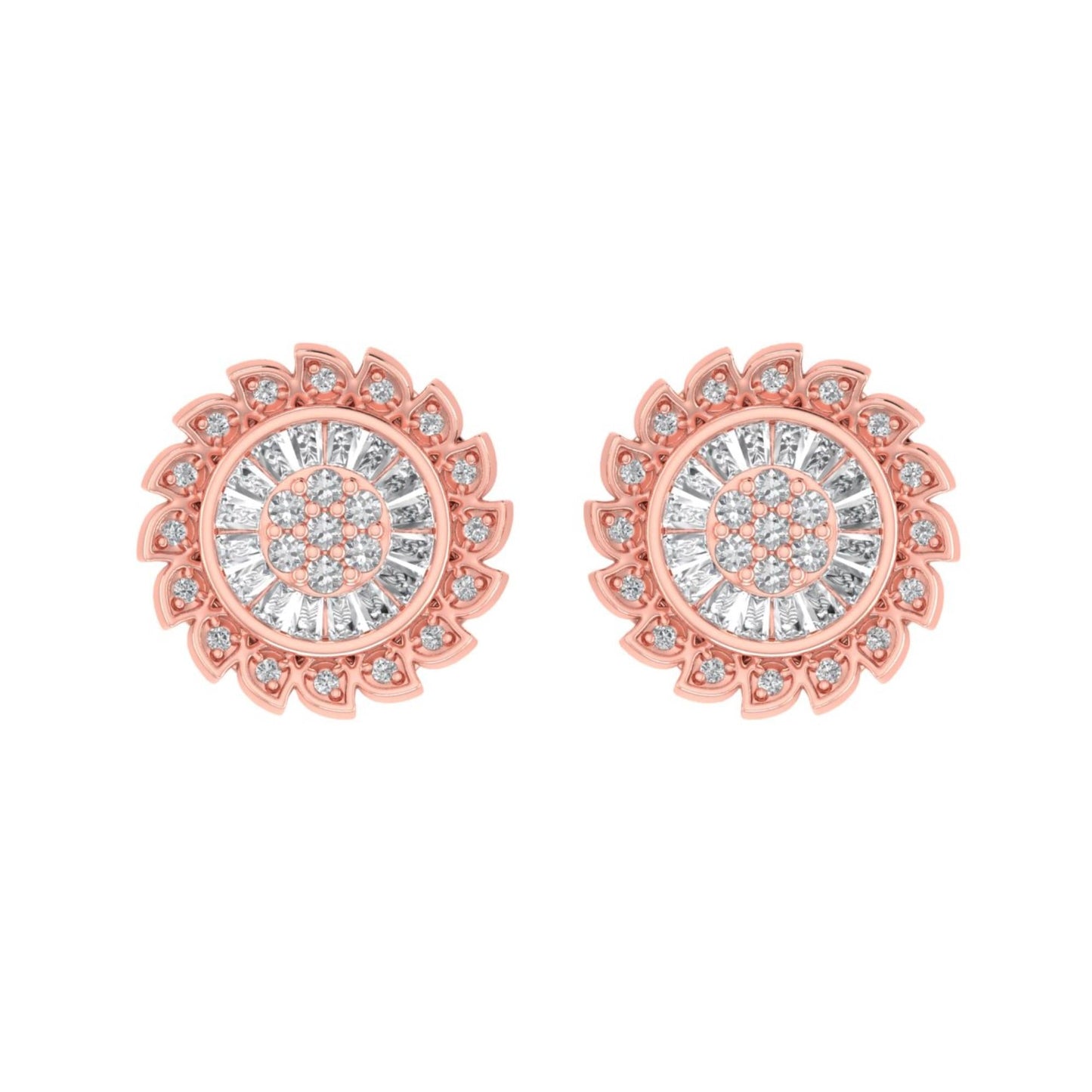 Sterling Silver Round Baguette Diamond Flower Designer Stud Earring RP+PP 3/8 Cttw