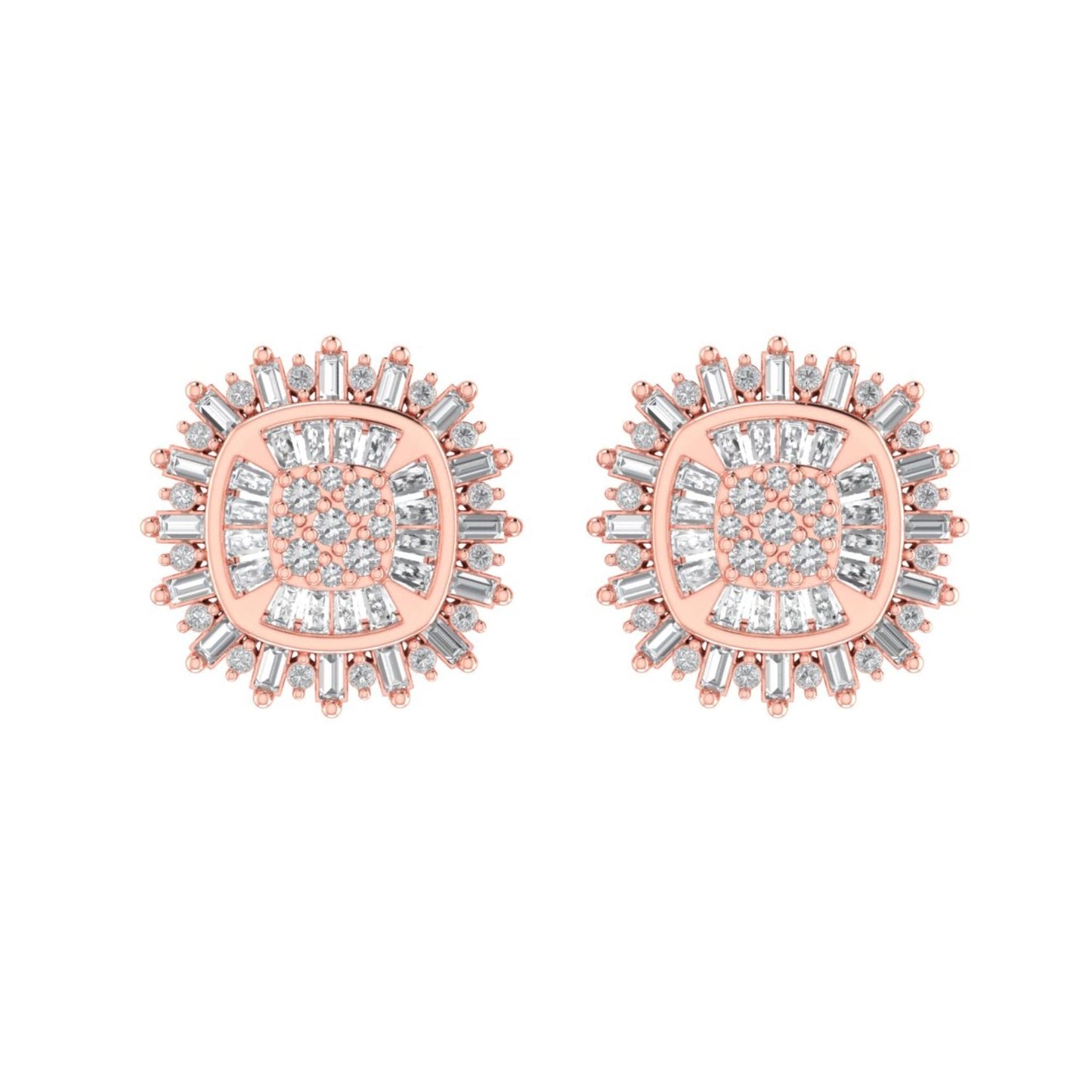 Sterling Silver Round Baguette Diamond Square Shape Designer Stud Earring RP+PP 1/2 Cttw