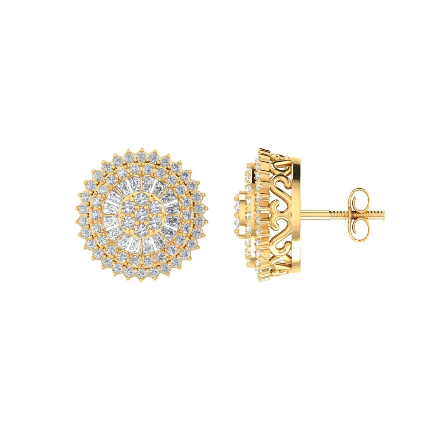 Sterling Silver Round Baguette Diamond Round Flower Designer Stud Earring RP+GP 3/4 Cttw