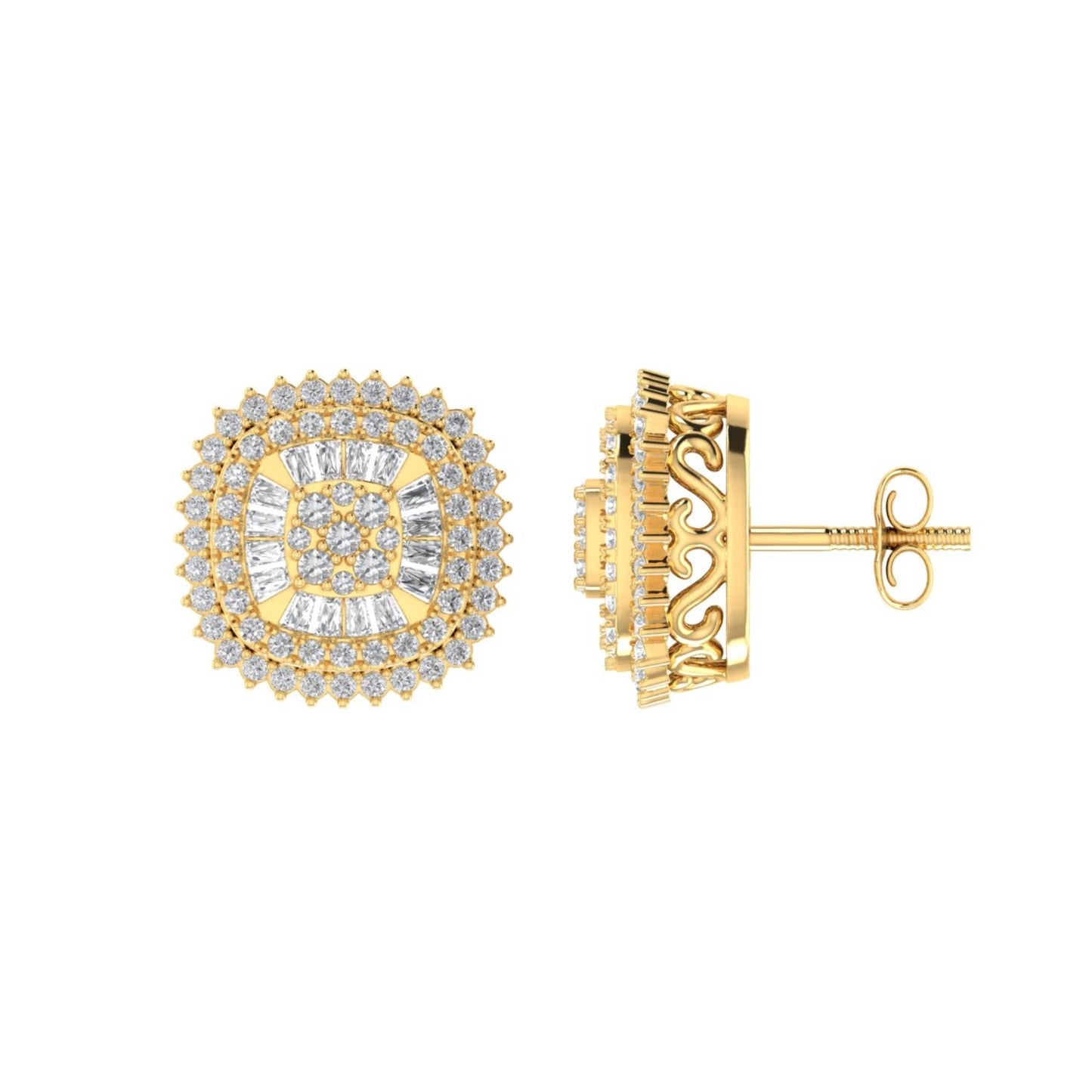 Sterling Silver Round Baguette Diamond Square Shape Designer Stud Earring RP+GP 5/8 Cttw