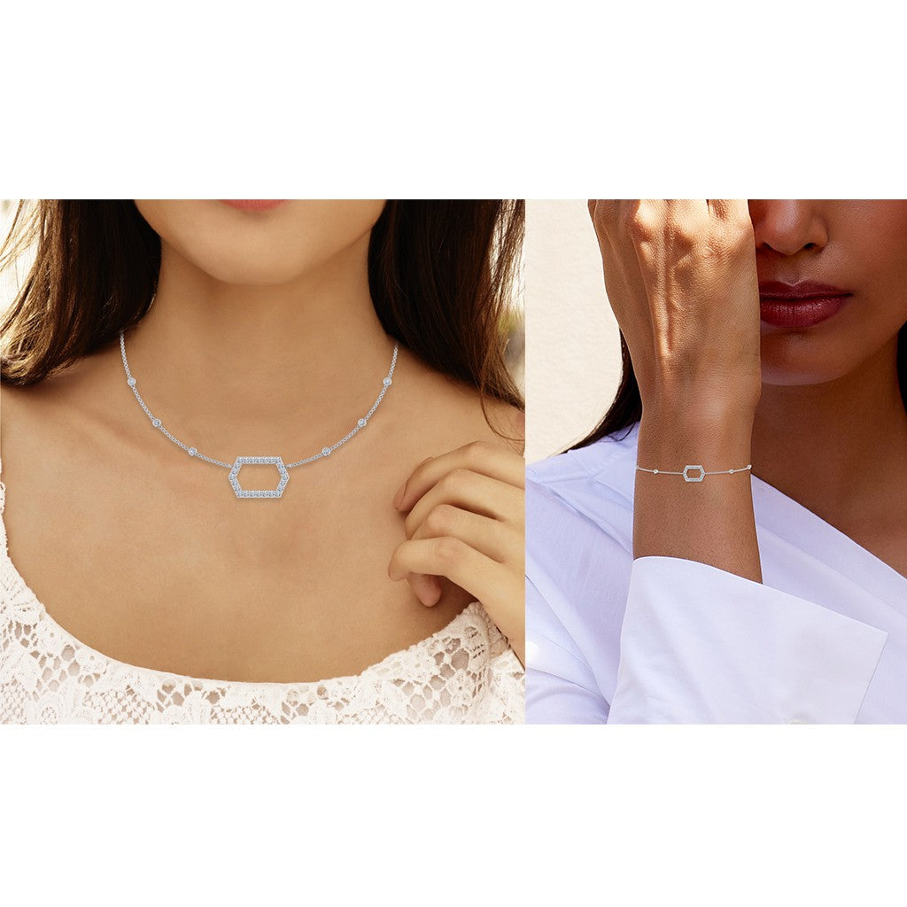 14K White Gold Round Necklace Bracelet Set 3/4 Cttw