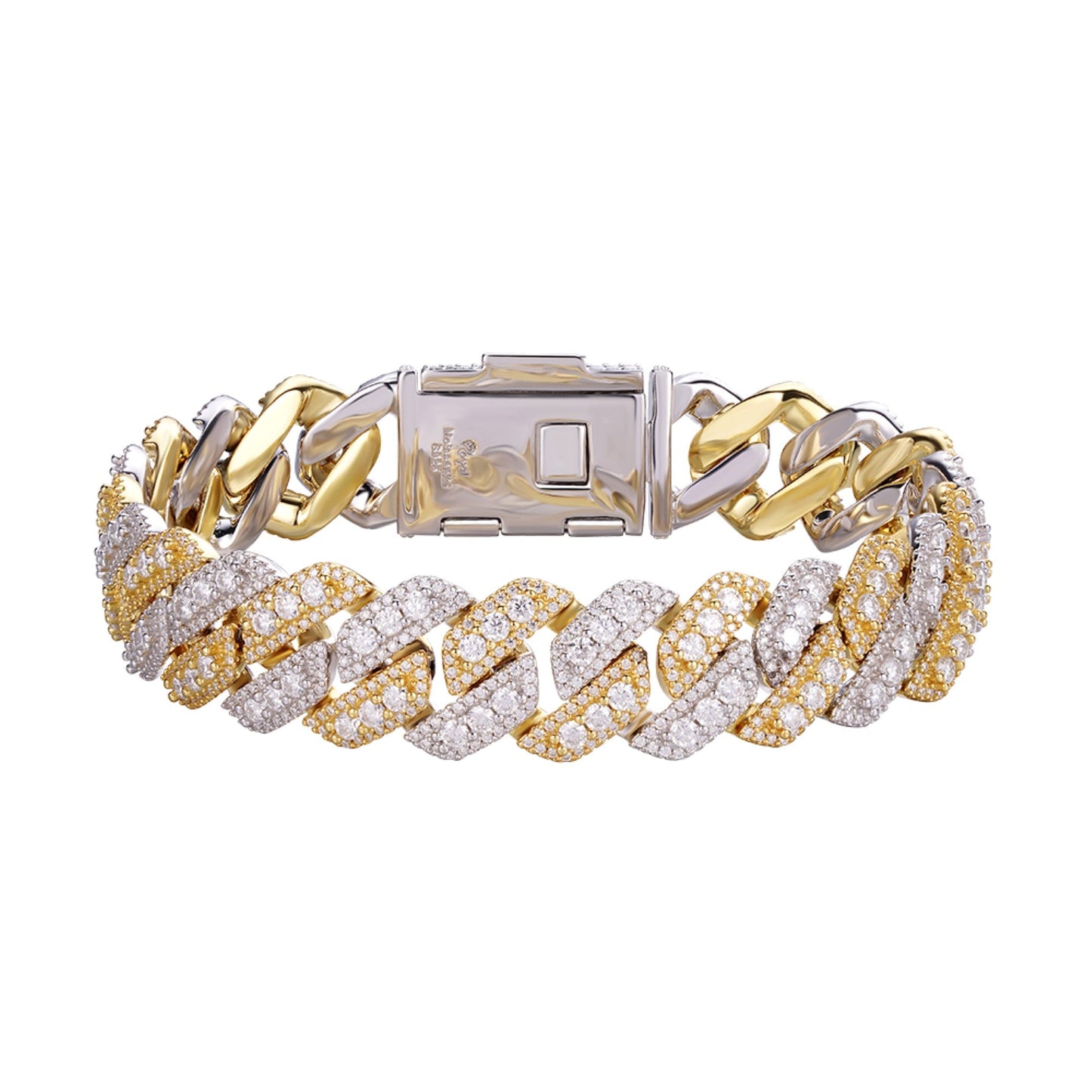 Sterling Silver Round Big Stone in Center Surrounded with Small Stones 14mm Moissanite Cuban Chain 8.5 Inch Bracelet RP+GP 12-3/4 Cttw