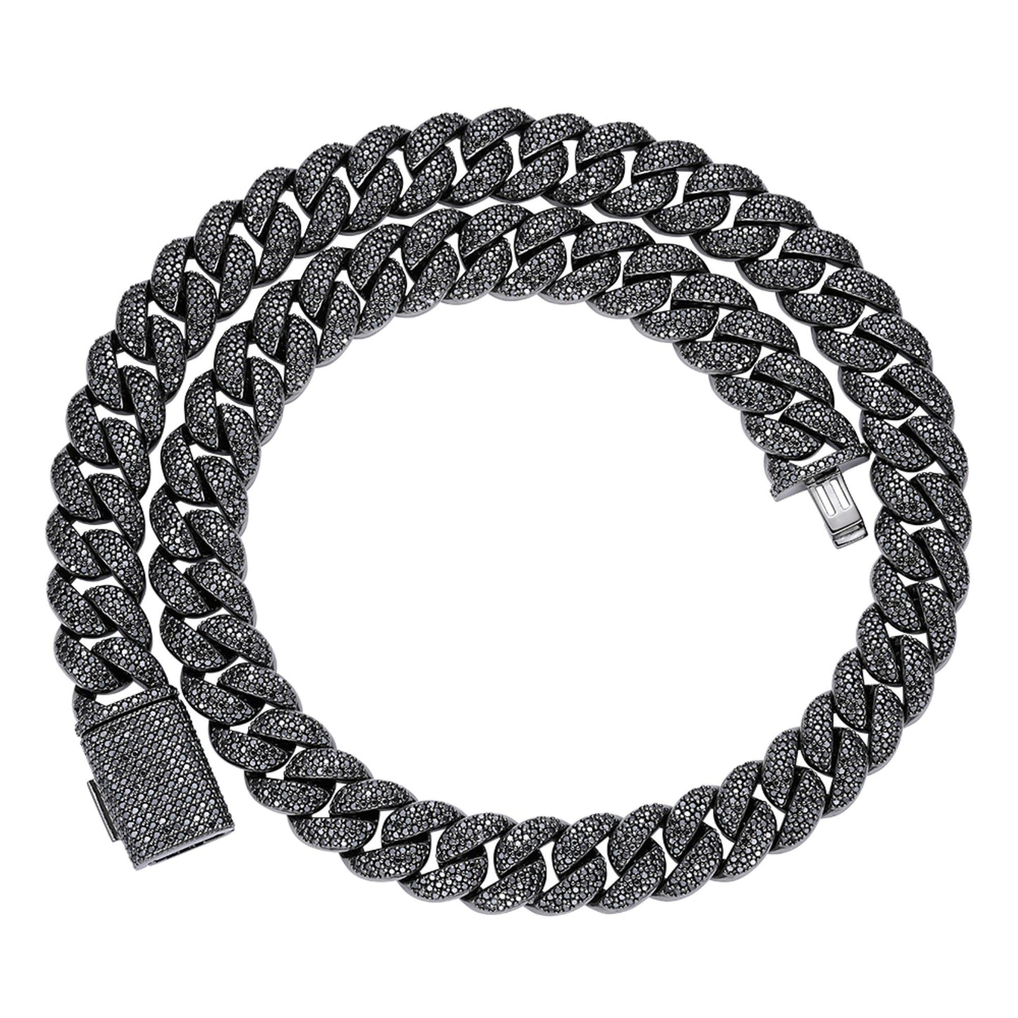 Sterling Silver 15mm Round Black Moissanite Miami Cuban Chain 22 Inch Mens Necklace BP+BP 27-1/3 Cttw